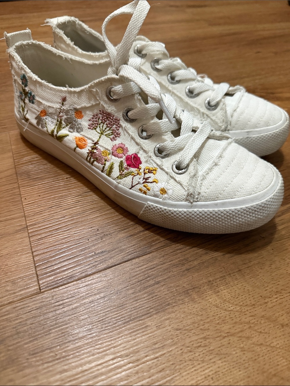 White Embroidered Floral Canvas Sneakers for Women